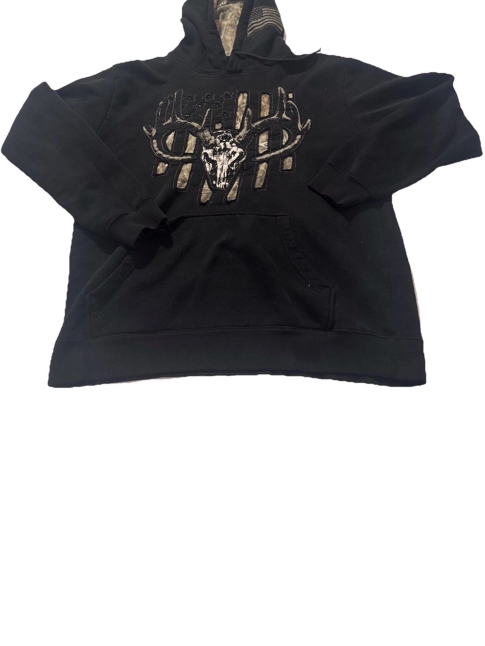 Buck Wear Sweatshirt Mens L Deer Skull American Flag Hoodie Black Camo Pullover